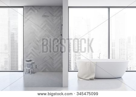 Panoramic Gray Wood Bathroom, Tub And Shower