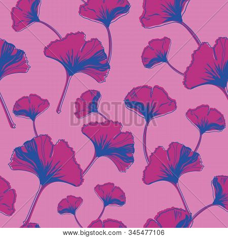Vector Seamless Pattern Ginko Wax With Purple, Blue Ginkgo Leaves And Pink Background