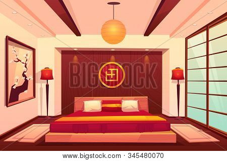 Asian Bedroom, Chinese, Japanese, Eastern Room Interior With Double King Size Bed, Floor Lamps, Hier