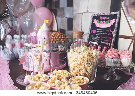 Perm/russia - June, 29, 2017:  Princesses And Knights Candy Bar. Delicious Sweet Buffet.