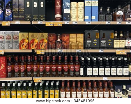 Athens, Greece - November 14, 2019: Whisky And Bourbon Alcoholic Beverage Bottles On Display At Liqu