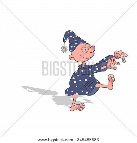 Cartoon Character Suffering From Sleepwalking Walks In A Dream. Vector Illustration On A White Backg