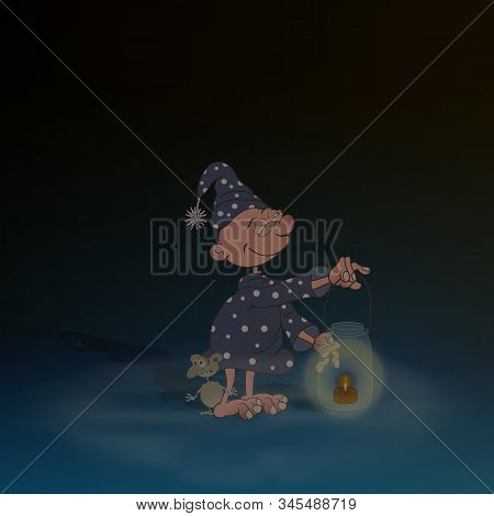 A Cartoon Character Suffering From Sleepwalking Stands In The Dark And Holds A Makeshift Lamp In His