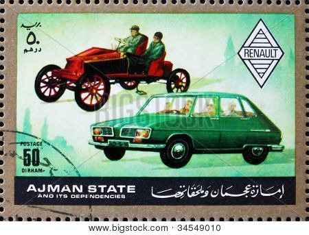 Frimärke Ajman 1972 Renault, bilar då och nu