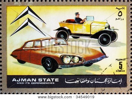 Frimärke Ajman 1972 Citroen, bilar då och nu