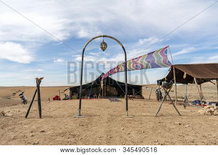 Bedouin Settlement With Entrance Gate And Stretch Tent On Agafay Desert, Morocco