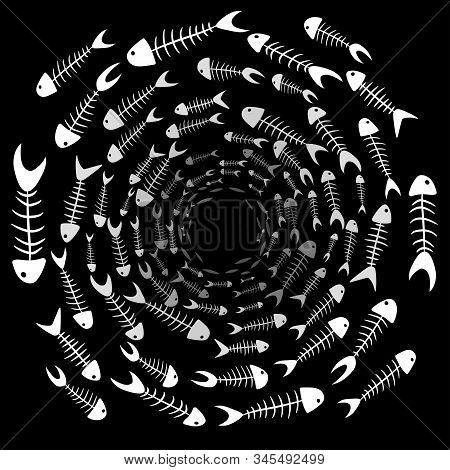 School Of White Fish Skeletons Floating In A Circle On A Black Background. Horrific Concept Illustra