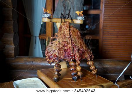 Barbecue Is Prepared Of Lamb Or Sheep Meat And Processed By Slasher. Antrikot And Potato Kebabs Are 