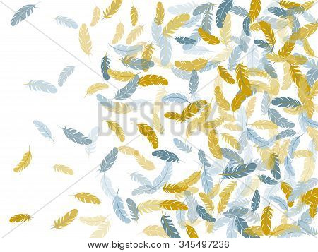 Fashoinable Silver Gold Feathers Vector Background. Flying Feather Elements Airy Vector Design. Plum