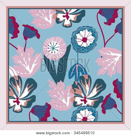 Autumn Colors Retro Floral Print. Silk Scarf Vector Graphics. Card, Bandana Print, Kerchief Design, 
