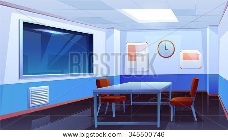Interrogation Room In Police Station, Empty Interior For Questioning Crimes With Table, Chairs, Cloc