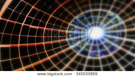 Abstract Of A Circle Roof Canopy.center Is Full With Blue Light ,hands Are Contrast With Red Light.r
