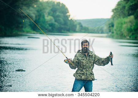 Elegant Bearded Man Fishing. Master Baiter. Fishing By The Lake. Rest And Recreation. Gone Fishing. 