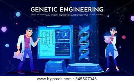 Genetic Engineering Landing Page, Couple Of Scientists In White Robes Study Dna On Screen, Hologram 