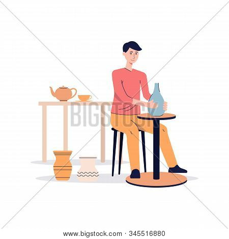Ceramist Making Clay Vase On Pottery Wheel, Flat Vector Illustration Isolated.