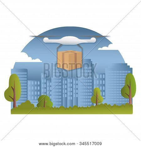 Delivery Drone With The Package Against City Background. Fast And Convenient Transportation Concept.