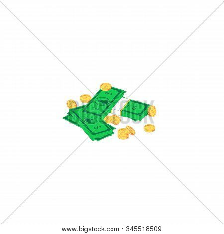 Isometric Money Heap. Vector Illustration Of Stack Of Green Banknotes And Golden Coins Isolated On W