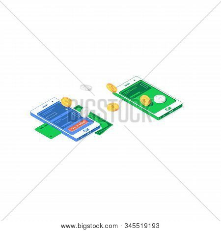 Isometric Money Heap. Vector Illustration Of Stack Of Green Banknotes And Golden Coins Isolated On W