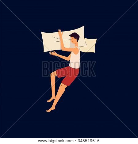 Cartoon Man Lying In Bed On His Side - Sleep Position Seen From Top View.
