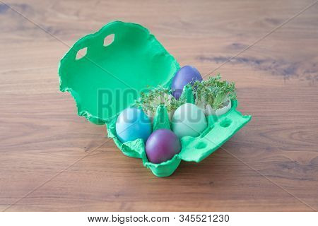 Decorative Handmade Easter Egg Present Box With Eggs And Cress. Beautiful Decoration Easternest Bask