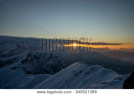 A Beautiful View Of A Sunrise And Snow Capped Mountains In Himalaya From The Summit Of A Himalayan M