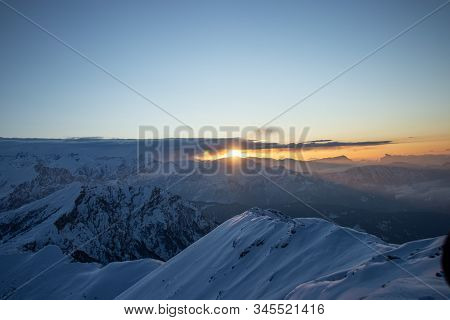 A Beautiful View Of A Sunrise And Snow Capped Mountains In Himalaya From The Summit Of A Himalayan M