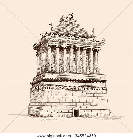 Mausoleum With Columns In Halicarnassus. Pencil Sketch On A Beige Background.
