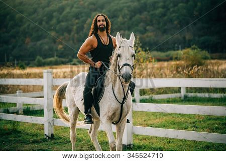 Equestrian And Animal Love Concept. Rider On Gray Arabian Horse In The Field. Handsome Bearded Man R