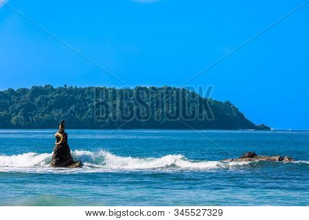 NGAPALI, MYANMAR - DECEMBER 14, 2016 : mermaid statue of Ngapali Beach near Thandwe at Rakhine state in Myanmar