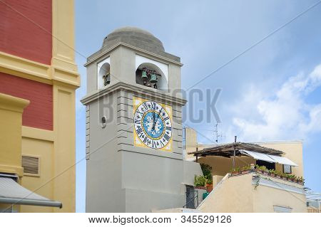Belltower At Capri Old Town - Popular Touristic Destinaion. Amalfi Coast, Italy.