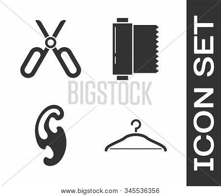 Set Hanger Wardrobe, Scissors, French Curves And Textile Fabric Roll Icon. Vector