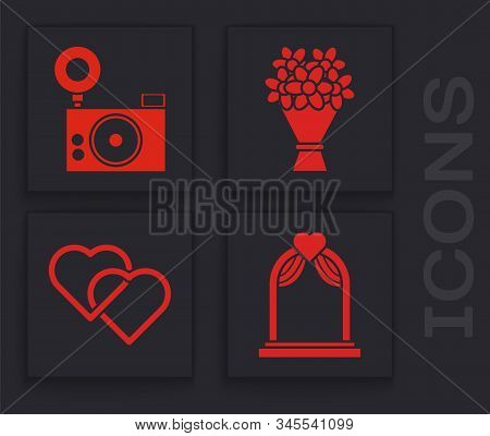Set Wedding Arch, Photo Camera, Bouquet Of Flowers And Two Linked Hearts Icon. Vector