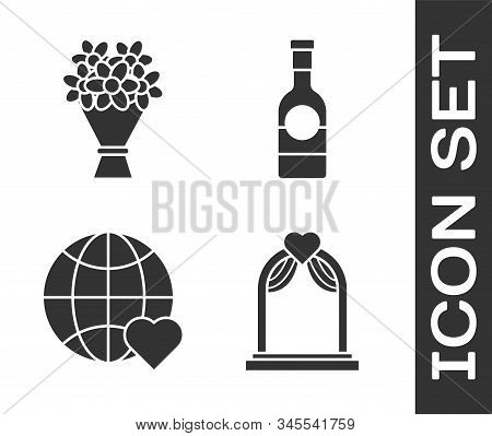 Set Wedding Arch, Bouquet Of Flowers, The Heart World Love And Champagne Bottle Icon. Vector