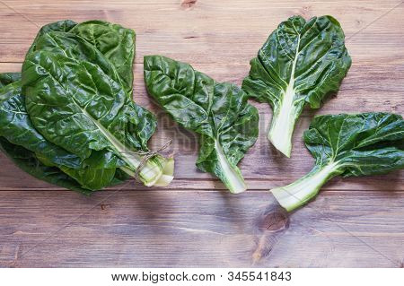 Blitva ( Chard Leaves ) - Popular Leafy Vegetables In Balkan Cuisine. Rustic Background, Copy Space