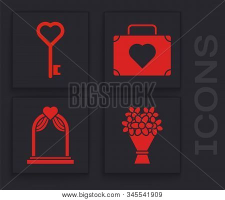 Set Bouquet Of Flowers, Key In Heart Shape, Suitcase For Travel With Heart And Wedding Arch Icon. Ve