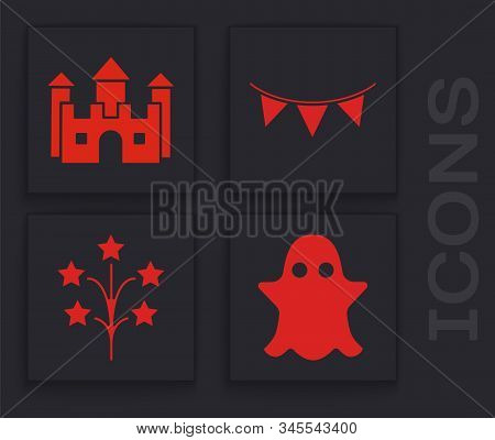 Set Ghost, Castle, Carnival Garland With Flags And Fireworks Icon. Vector