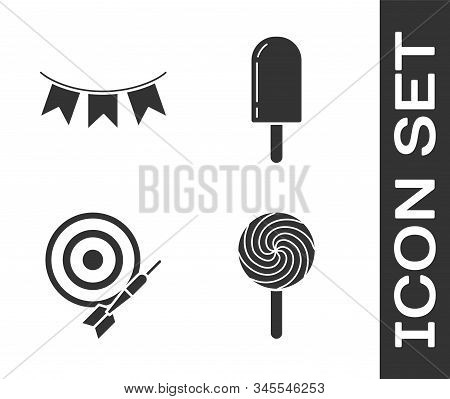 Set Lollipop, Carnival Garland With Flags, Classic Dart Board And Arrow And Ice Cream Icon. Vector