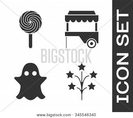 Set Fireworks, Lollipop, Ghost And Fast Street Food Cart With Awning Icon. Vector