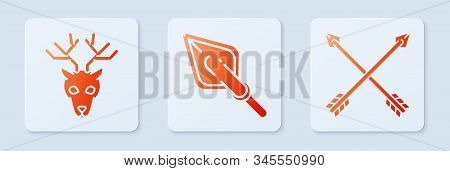 Set Hipster Arrow Tip, Deer Head With Antlers And Crossed Arrows. White Square Button. Vector