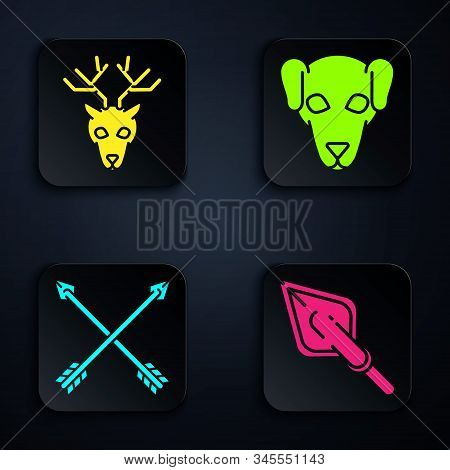 Set Hipster Arrow Tip, Deer Head With Antlers, Crossed Arrows And Hunting Dog. Black Square Button. 