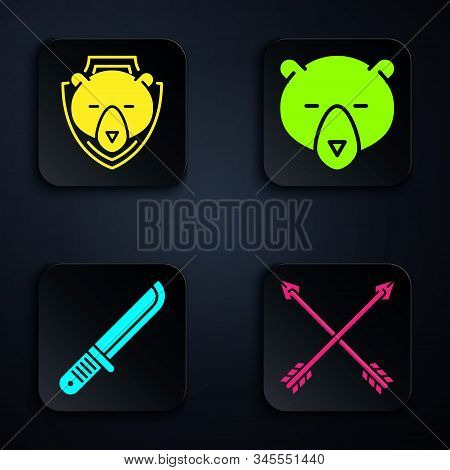 Set Crossed Arrows, Bear Head On Shield, Hunter Knife And Bear Head. Black Square Button. Vector