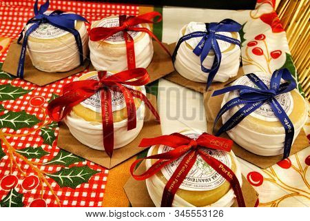 Oporto, Portugal- December 31, 2019: Diverse Kind Of Typical Portuguese Cheeses For Sale At A Market