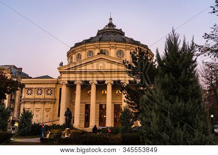 Detail View Of The Romanian Athenaeum Or Ateneul Roman, At Evening Light, A Landmark In The Old Town