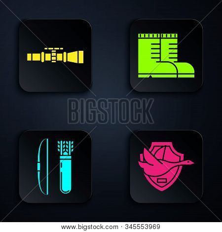 Set Flying Duck On Shield, Sniper Optical Sight, Bow And Arrow In Quiver And Hunter Boots. Black Squ