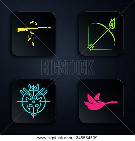 Set Flying Duck, Gun Shooting, Hunt On Deer With Crosshairs And Bow And Fire Arrow. Black Square But