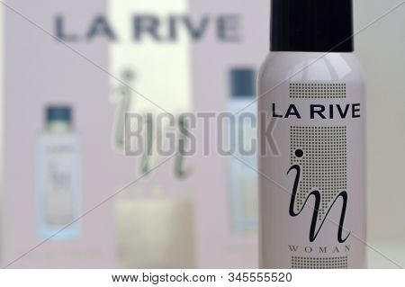 La Rive In Woman Deodorant And Perfume Bottles On Prefume Box Background. La Rive S.a. Is One Of The