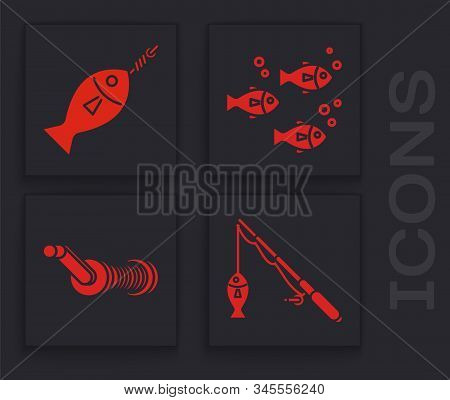 Set Fishing Rod And Fish, Fish On Hook, Fish And Spinning Reel For Fishing Icon. Vector
