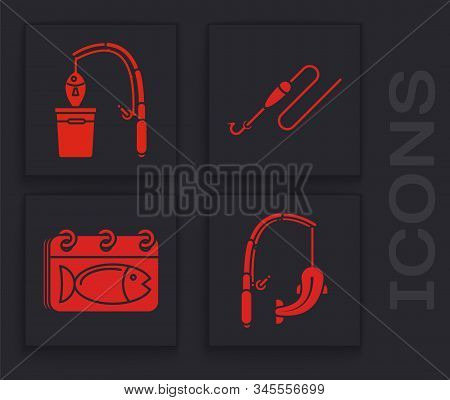 Set Fishing Rod And Fish, Fishing Rod And Fish, Fishing Line With Hook And Float And Calendar With A