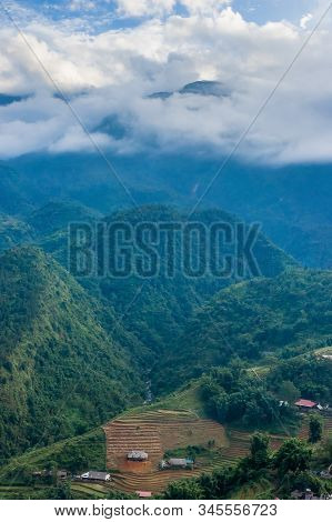Beautiful Scenery Of Cat Cat Village, Popular Tourist Trekking Destination. Rice Field Terraces.  Mo