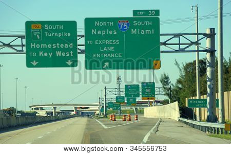 Everglades, Fl, U.s.a - January 3, 2020 - The View Of The Exit Into South Florida Turnpike And I-95 